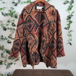 Vintage Aztec Fringe Open Front Carpet Cardigan